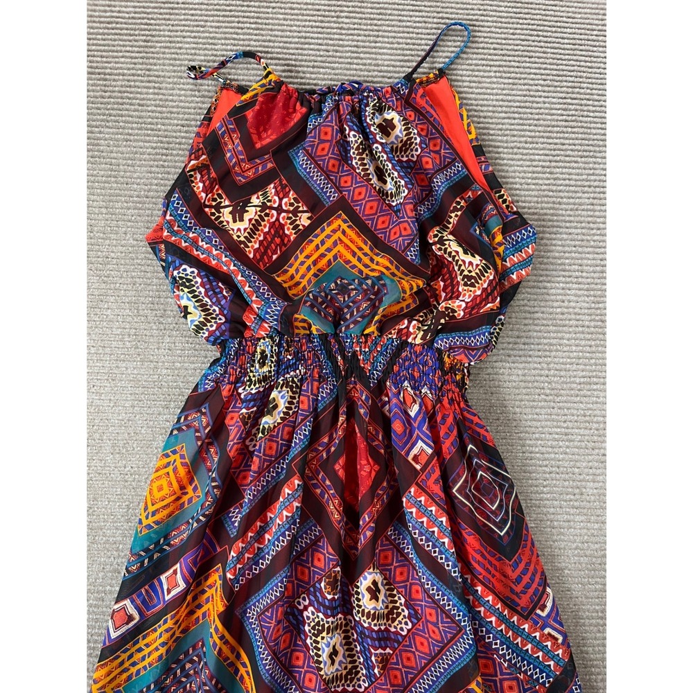 Sweet Storm Geometric Tribal Print‎ Maxi Dress Smocked Waist Multicolor Womens L